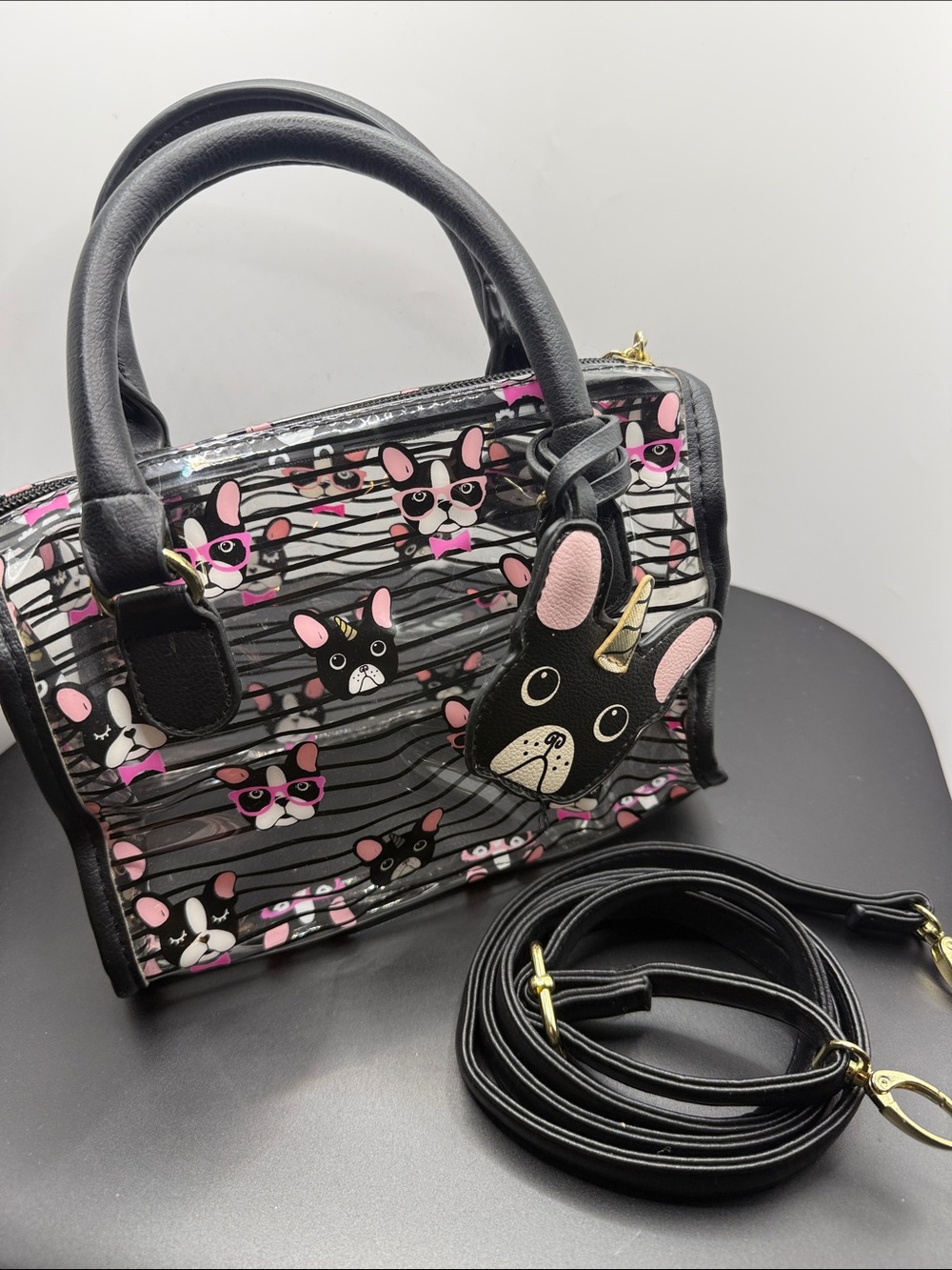 Betsey Johnson Clear Black & Pink French Bulldog Print Satchel w/crossbody strap